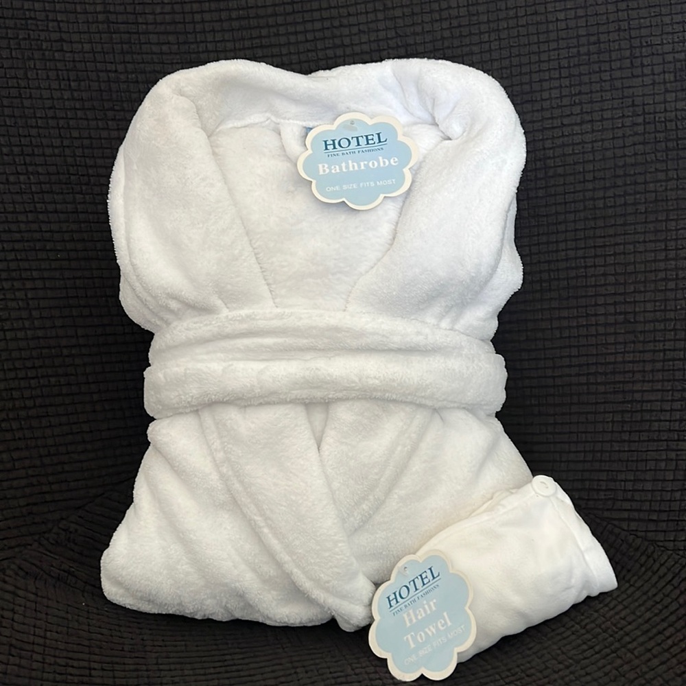 White bathrobe plus hair towel